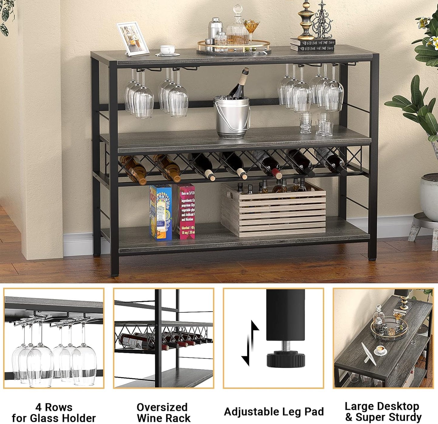 Wine Rack Table, Modern Bar Cabinet with Wine Rack and Glass Holder 41 Inch Liquor Cabinet with Storage for Bar, Buffet, Dining Room, Living Room, Kitchen, Grey