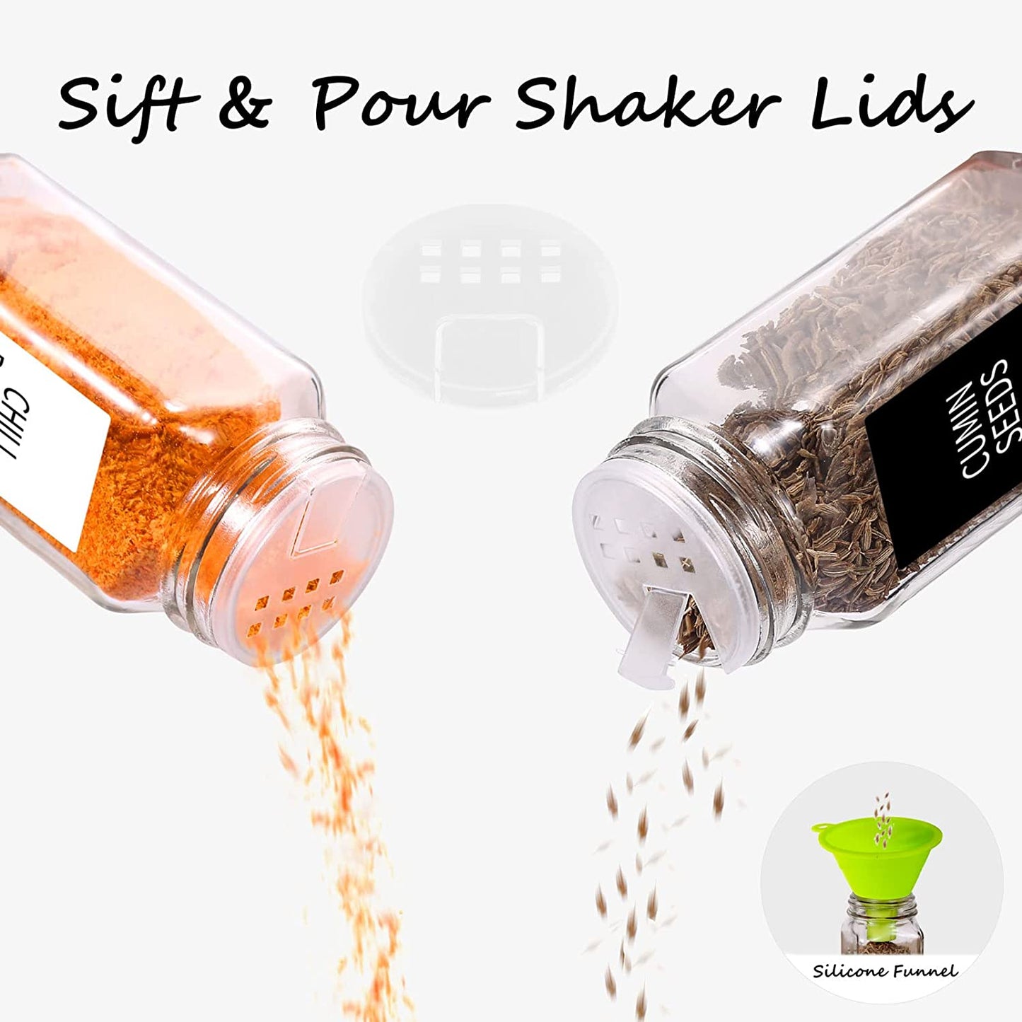 25 Spice Jars with 547 Labels- Glass Spice Jars with Black Metal Caps, 4Oz Empty Spice Containers with Shaker Lids, Funnel, Chalk Pen, Square Seasoning Bottles for Spice Rack, Drawer, Cabinet