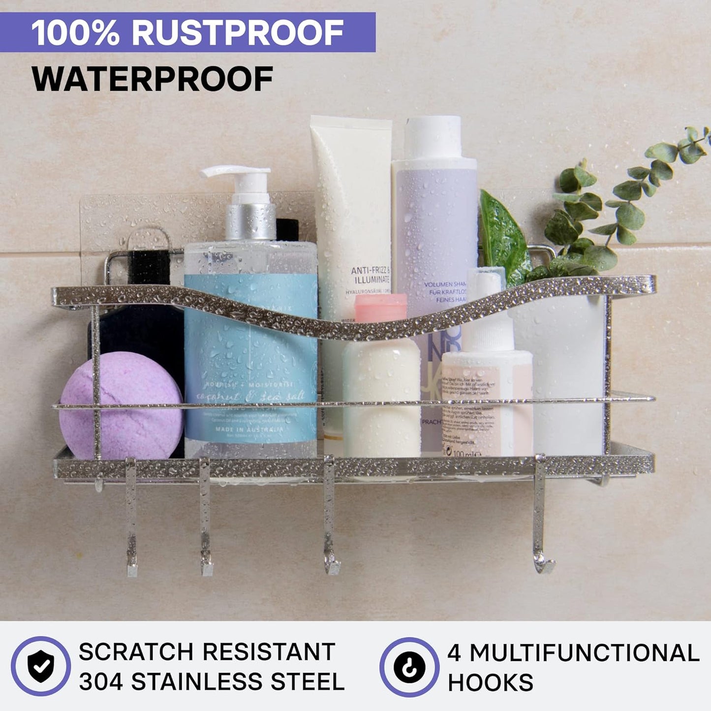 Premium Shower Caddy - Adhesive Bathroom Shower Organizer and Storage W/ 4 Hooks, No Drill Shower Shelves for inside Shower, Rustproof Stainless Steel Shower Rack, Accessories Holder, Silver