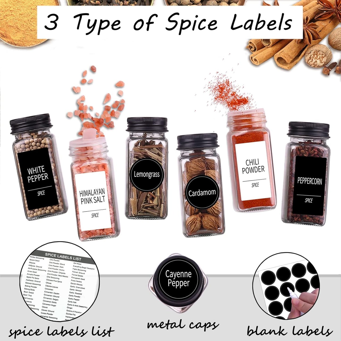 25 Spice Jars with 547 Labels- Glass Spice Jars with Black Metal Caps, 4Oz Empty Spice Containers with Shaker Lids, Funnel, Chalk Pen, Square Seasoning Bottles for Spice Rack, Drawer, Cabinet