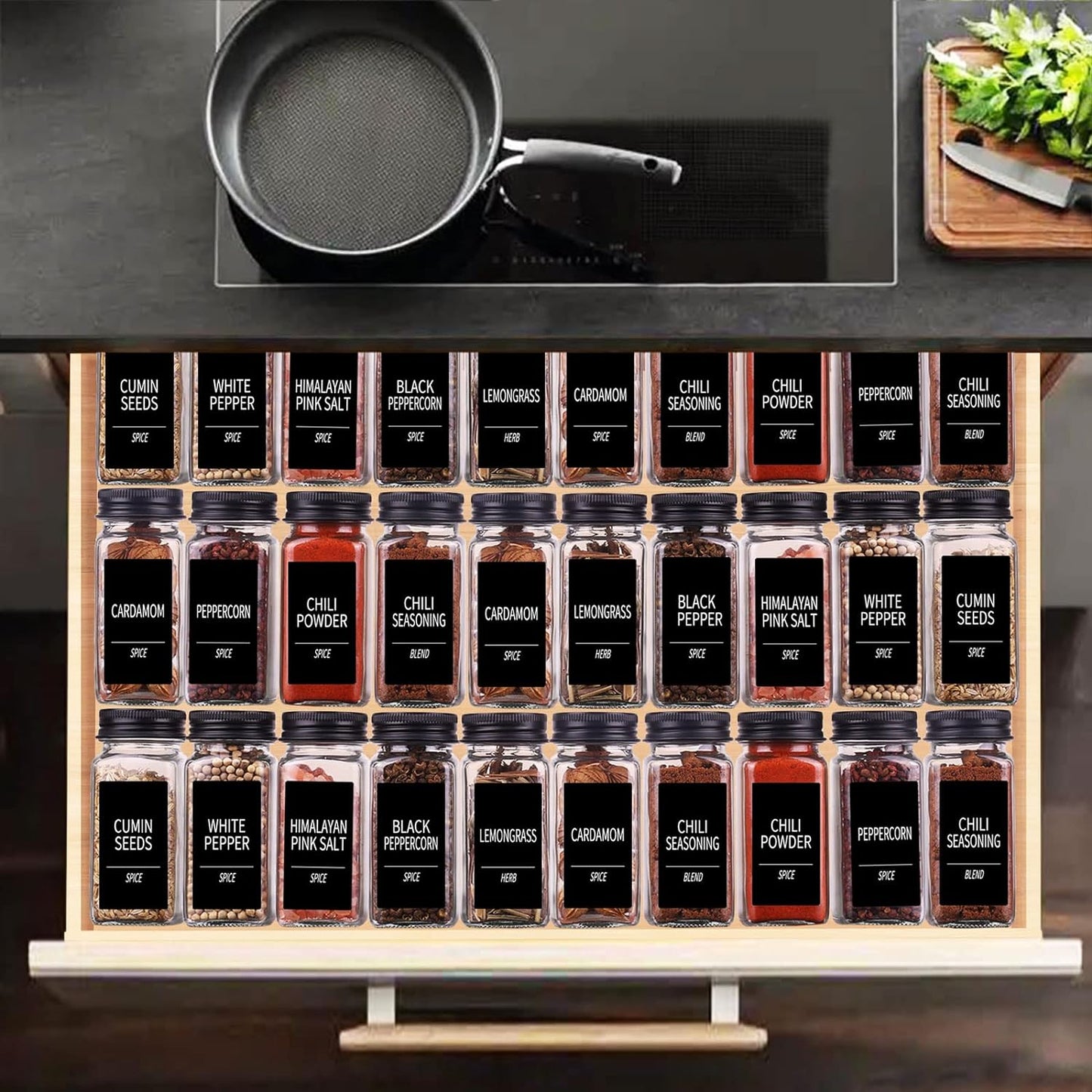 25 Spice Jars with 547 Labels- Glass Spice Jars with Black Metal Caps, 4Oz Empty Spice Containers with Shaker Lids, Funnel, Chalk Pen, Square Seasoning Bottles for Spice Rack, Drawer, Cabinet