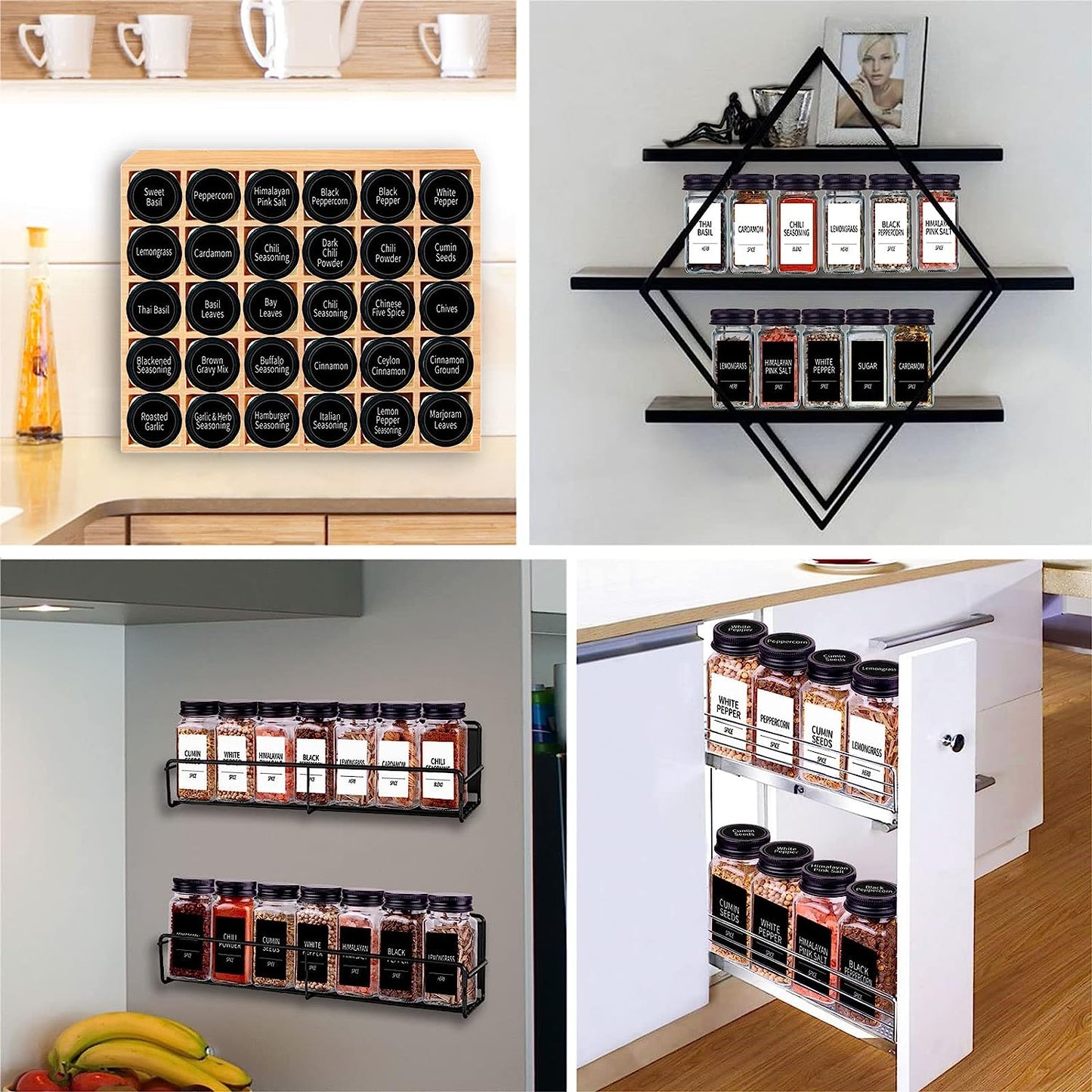 25 Spice Jars with 547 Labels- Glass Spice Jars with Black Metal Caps, 4Oz Empty Spice Containers with Shaker Lids, Funnel, Chalk Pen, Square Seasoning Bottles for Spice Rack, Drawer, Cabinet
