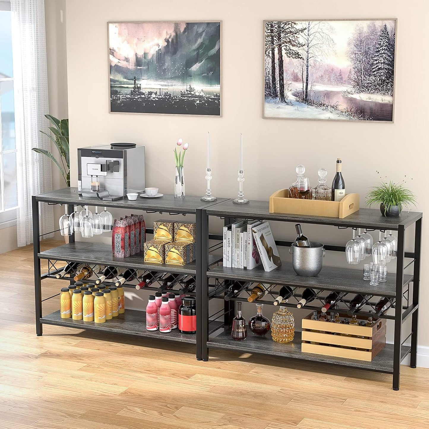 Wine Rack Table, Modern Bar Cabinet with Wine Rack and Glass Holder 41 Inch Liquor Cabinet with Storage for Bar, Buffet, Dining Room, Living Room, Kitchen, Grey
