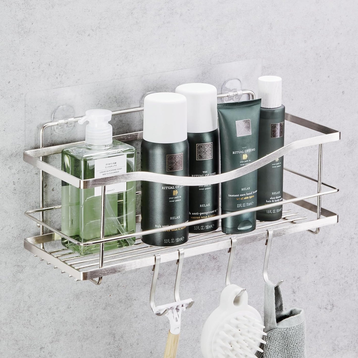 Premium Shower Caddy - Adhesive Bathroom Shower Organizer and Storage W/ 4 Hooks, No Drill Shower Shelves for inside Shower, Rustproof Stainless Steel Shower Rack, Accessories Holder, Silver