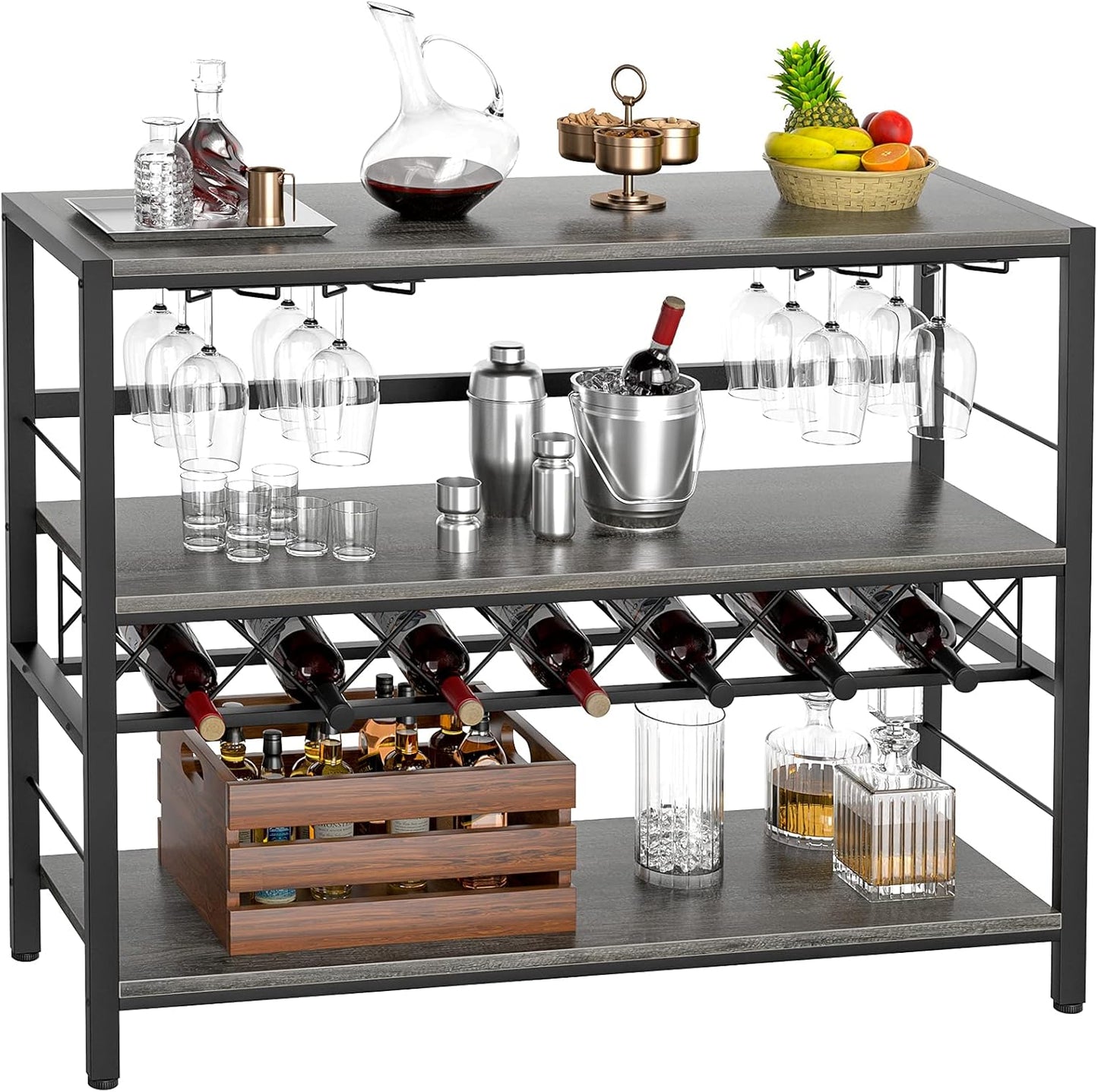 Wine Rack Table, Modern Bar Cabinet with Wine Rack and Glass Holder 41 Inch Liquor Cabinet with Storage for Bar, Buffet, Dining Room, Living Room, Kitchen, Grey