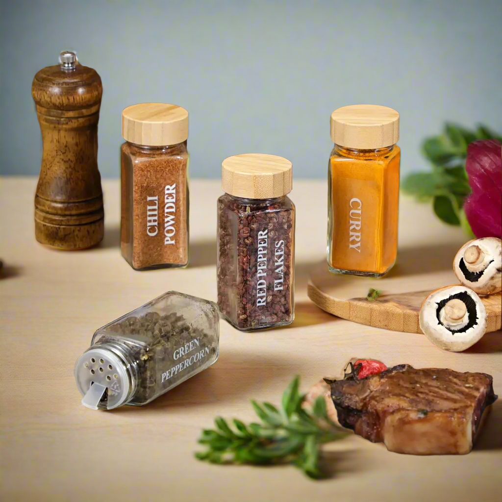 5/12Pcs Glass Spice Jars with Bamboo Lid Spice Seasoning Containers Salt Pepper Shakers Spice Organizer Kitchen Spice Jar Set