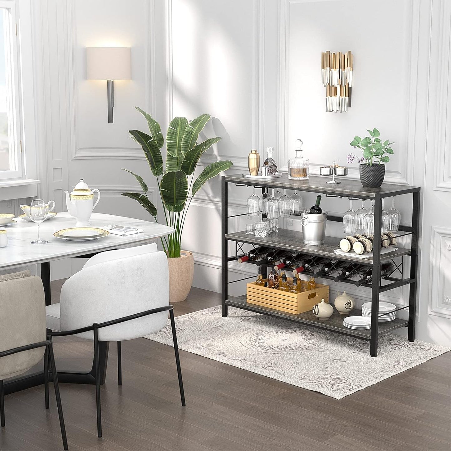 Wine Rack Table, Modern Bar Cabinet with Wine Rack and Glass Holder 41 Inch Liquor Cabinet with Storage for Bar, Buffet, Dining Room, Living Room, Kitchen, Grey