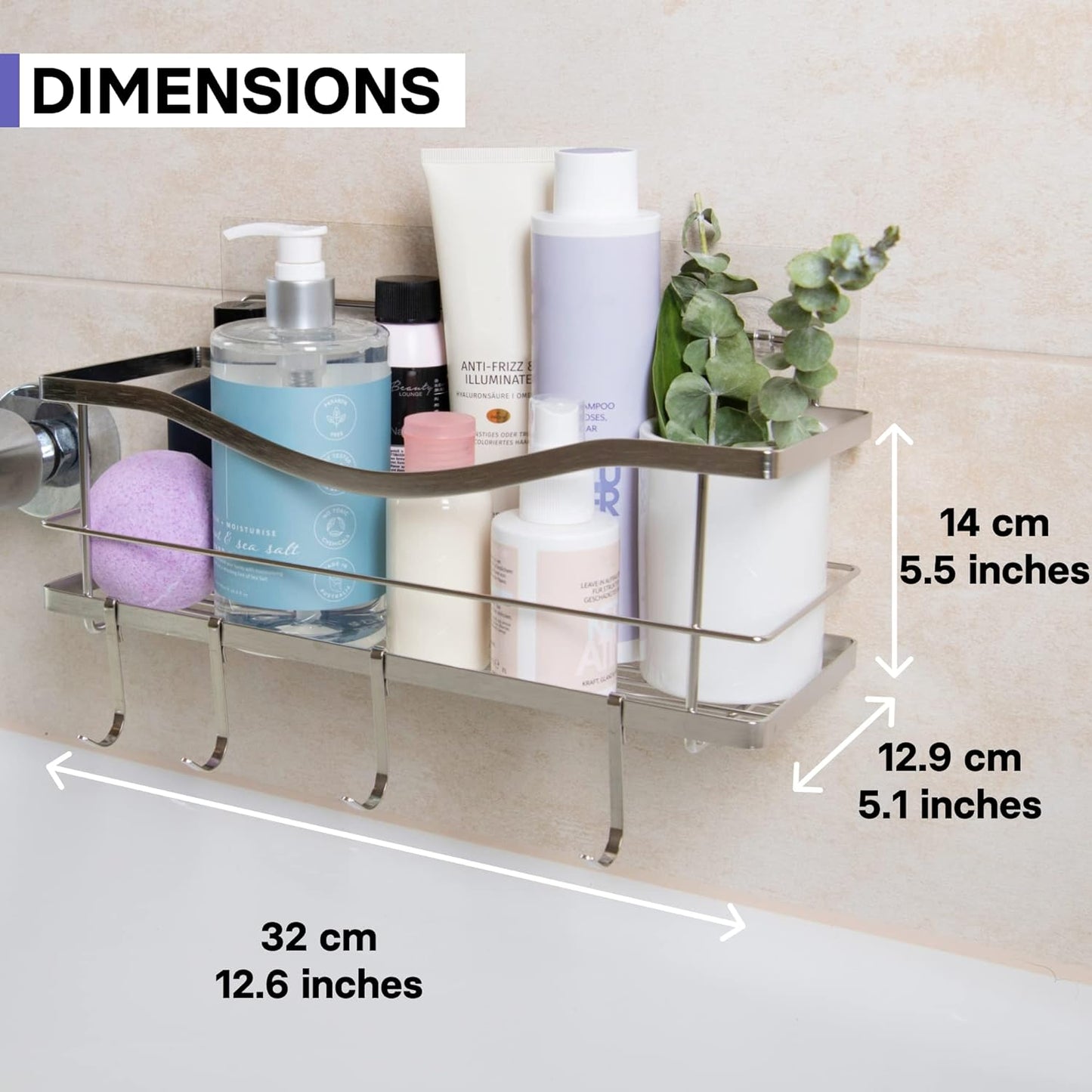 Premium Shower Caddy - Adhesive Bathroom Shower Organizer and Storage W/ 4 Hooks, No Drill Shower Shelves for inside Shower, Rustproof Stainless Steel Shower Rack, Accessories Holder, Silver