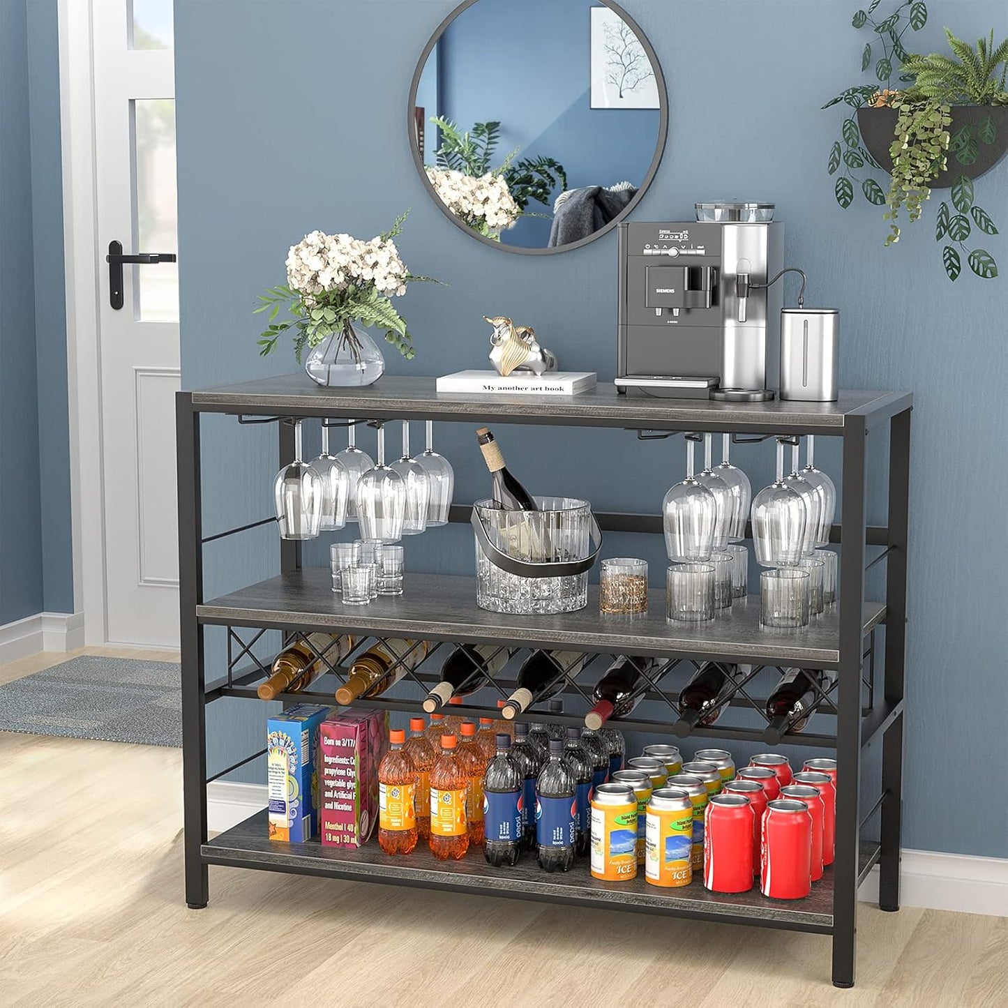 Wine Rack Table, Modern Bar Cabinet with Wine Rack and Glass Holder 41 Inch Liquor Cabinet with Storage for Bar, Buffet, Dining Room, Living Room, Kitchen, Grey