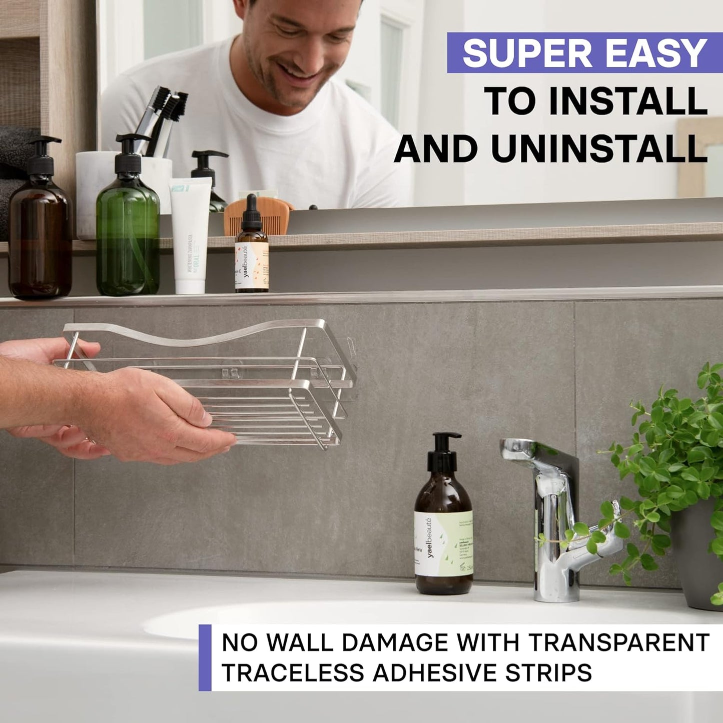 Premium Shower Caddy - Adhesive Bathroom Shower Organizer and Storage W/ 4 Hooks, No Drill Shower Shelves for inside Shower, Rustproof Stainless Steel Shower Rack, Accessories Holder, Silver