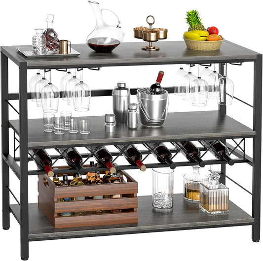 Wine Rack Table, Modern Bar Cabinet with Wine Rack and Glass Holder 41 Inch Liquor Cabinet with Storage for Bar, Buffet, Dining Room, Living Room, Kitchen, Grey