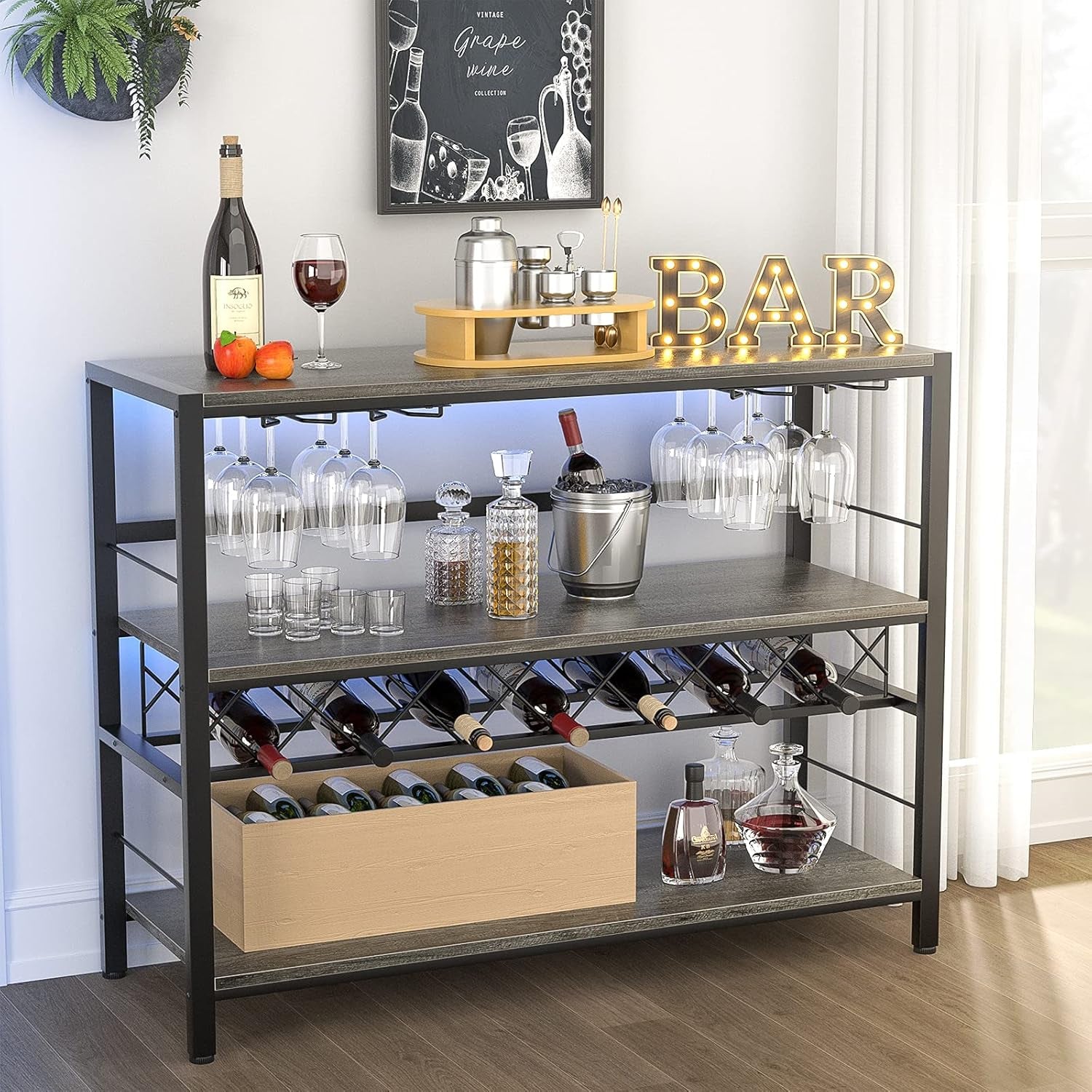 Wine Rack Table, Modern Bar Cabinet with Wine Rack and Glass Holder 41 Inch Liquor Cabinet with Storage for Bar, Buffet, Dining Room, Living Room, Kitchen, Grey